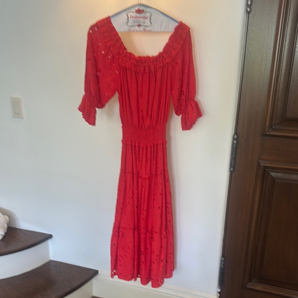 Red Ruffled Tiered Sundress with Bishop Sleeves
